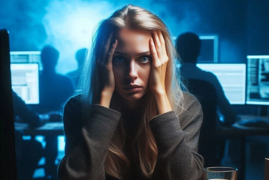 illustration d'une femme effrayée devant un écran d'ordinateur 
