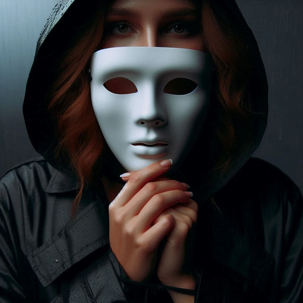 femme avec un sweat à capuche et un masque sur le visage, représentant le syndrome de l'imposteur